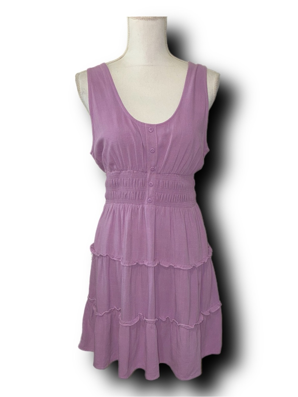 Linen Blend Sleeveless Tiered Button-Front Lavender Mini Ruffle Dress